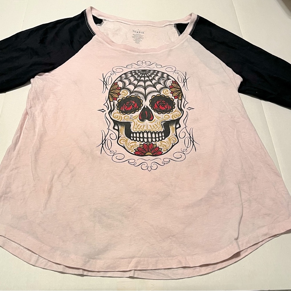 Torrid Day of the Dead Womens SZ 1 14 / 16 Pink Black 3/4 Sleeve Baseball‎ Shirt